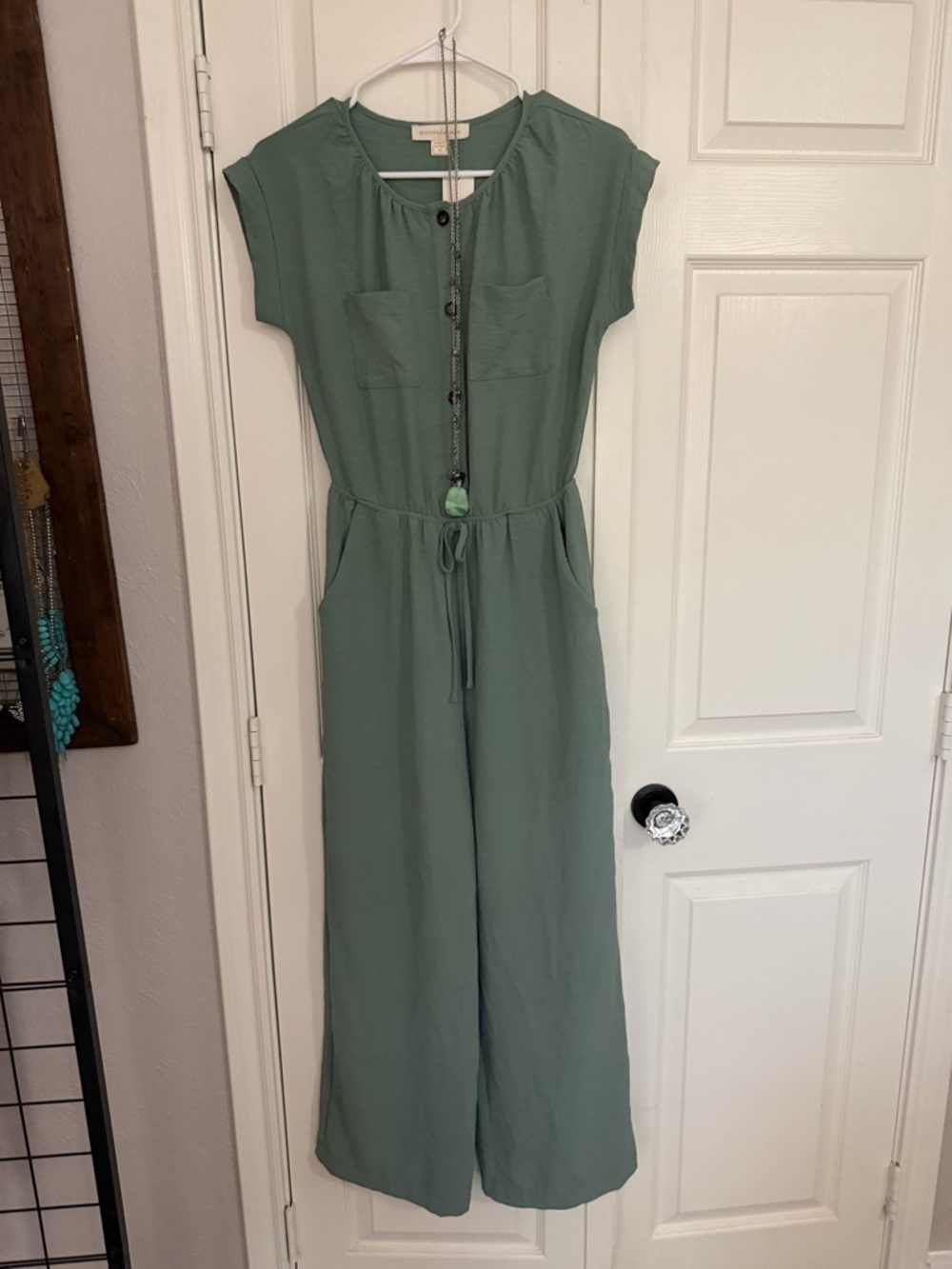 Monteau Los Angeles Soft Sage Jumpsuit and necklace. Both pieces only $18